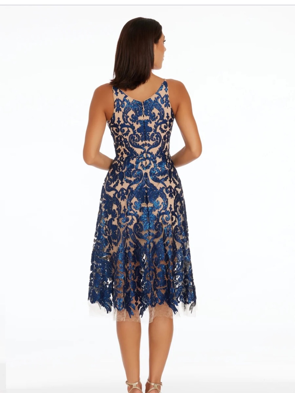 Dress the Population Navy Blue Lace Midi Dress with Nude Lining